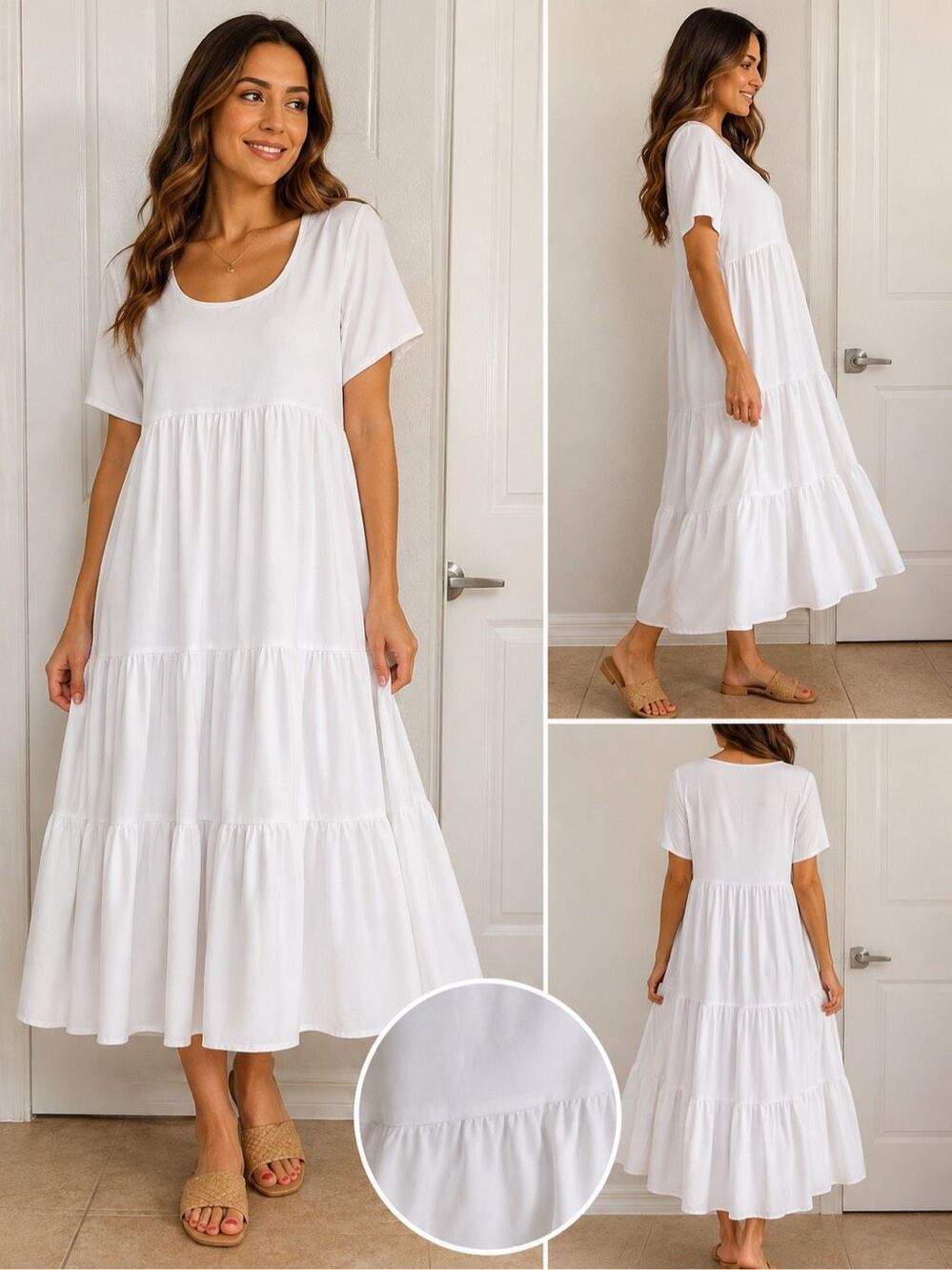 NWT Italian Luxury Boutique White Tiered Maxi Dress Size L Scoop Neck Flowy Boho